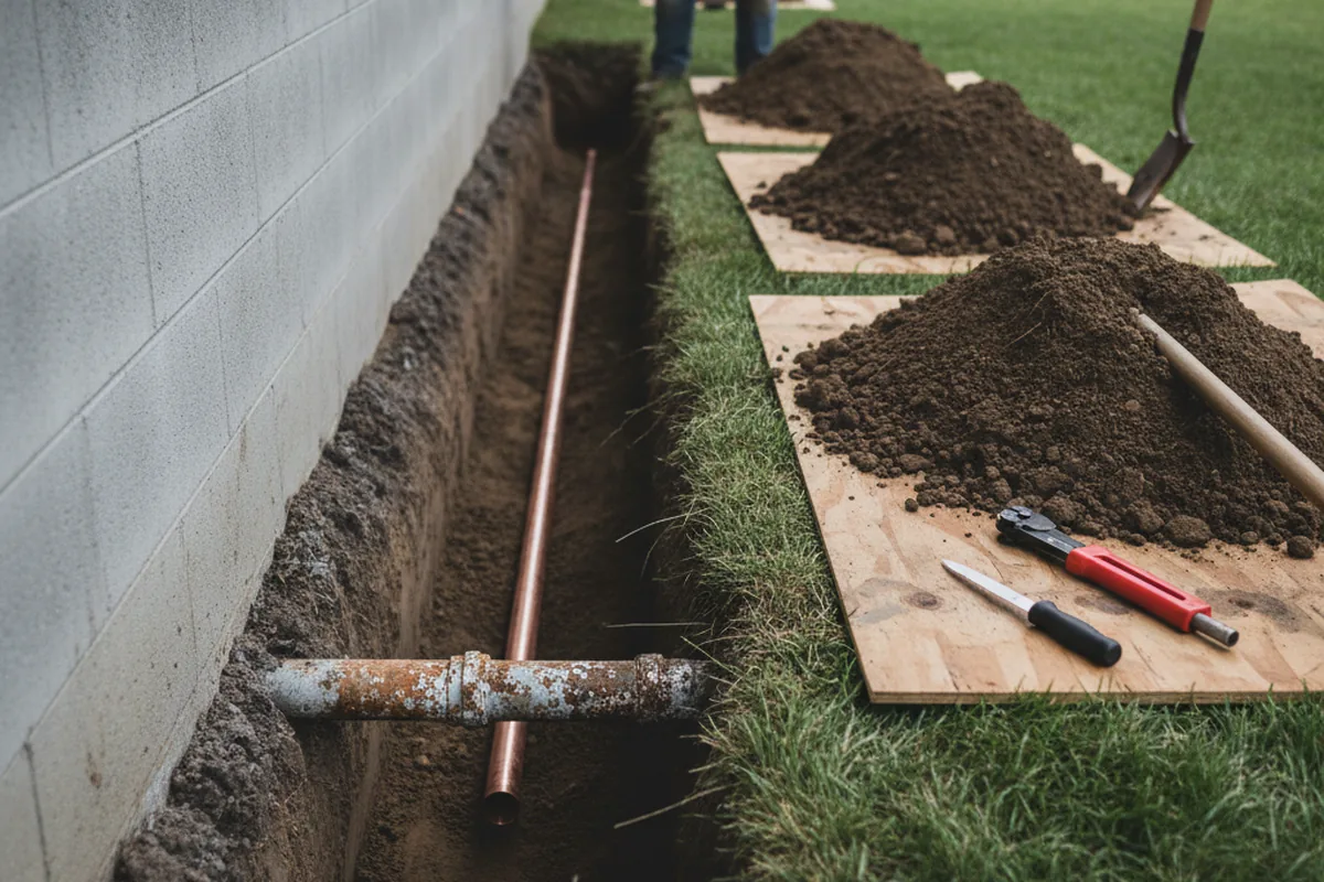 Excavated water line trench during Water Softener Installation in Benicia